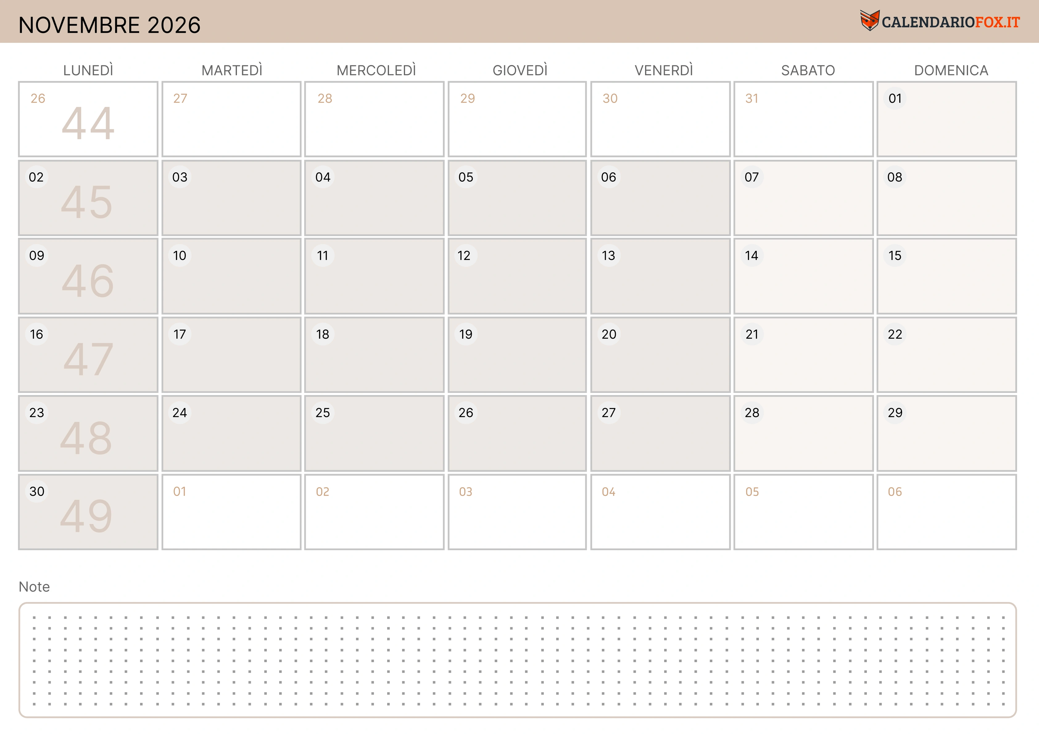 Calendario novembre moderno