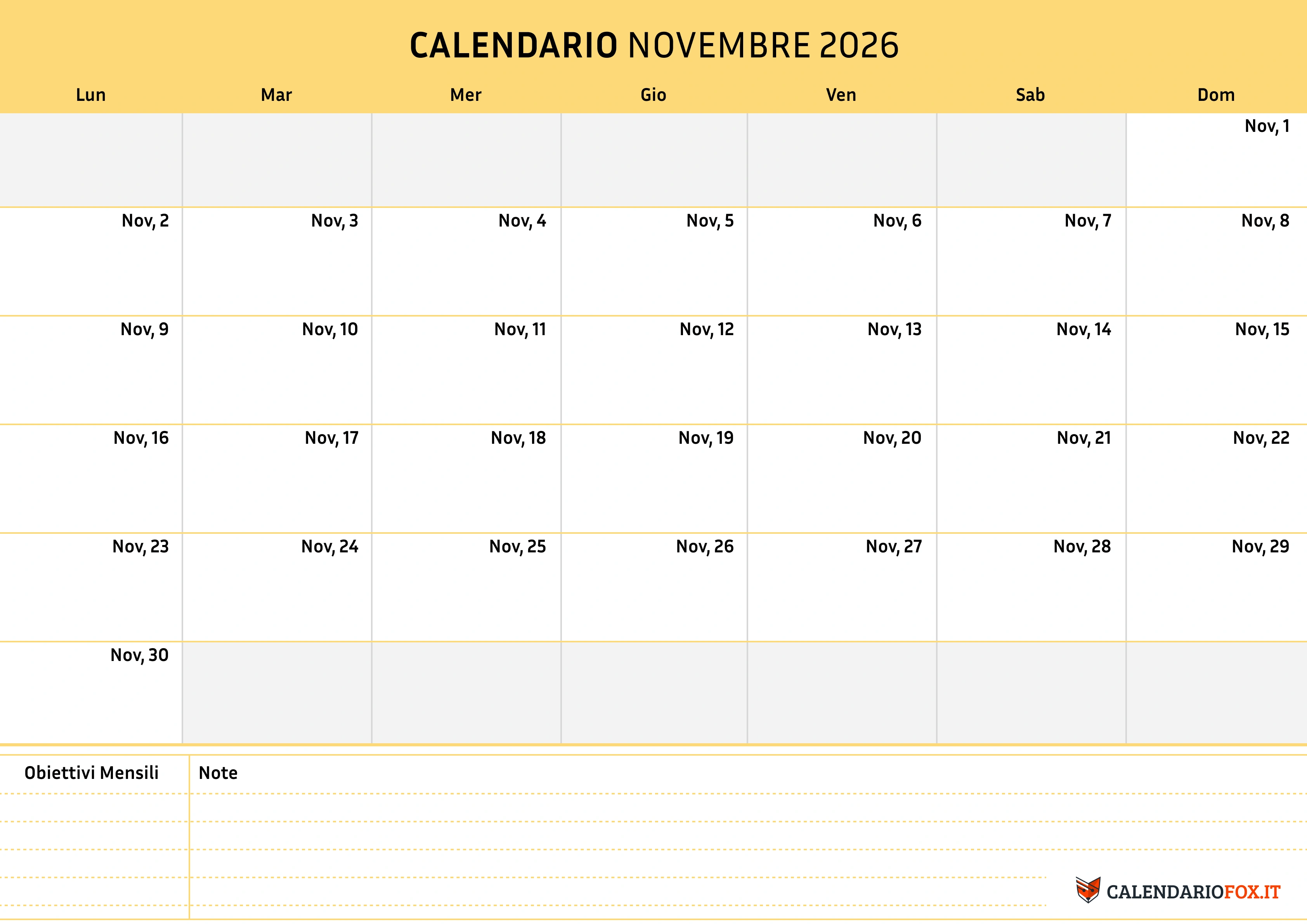 Calendario novembre semplice