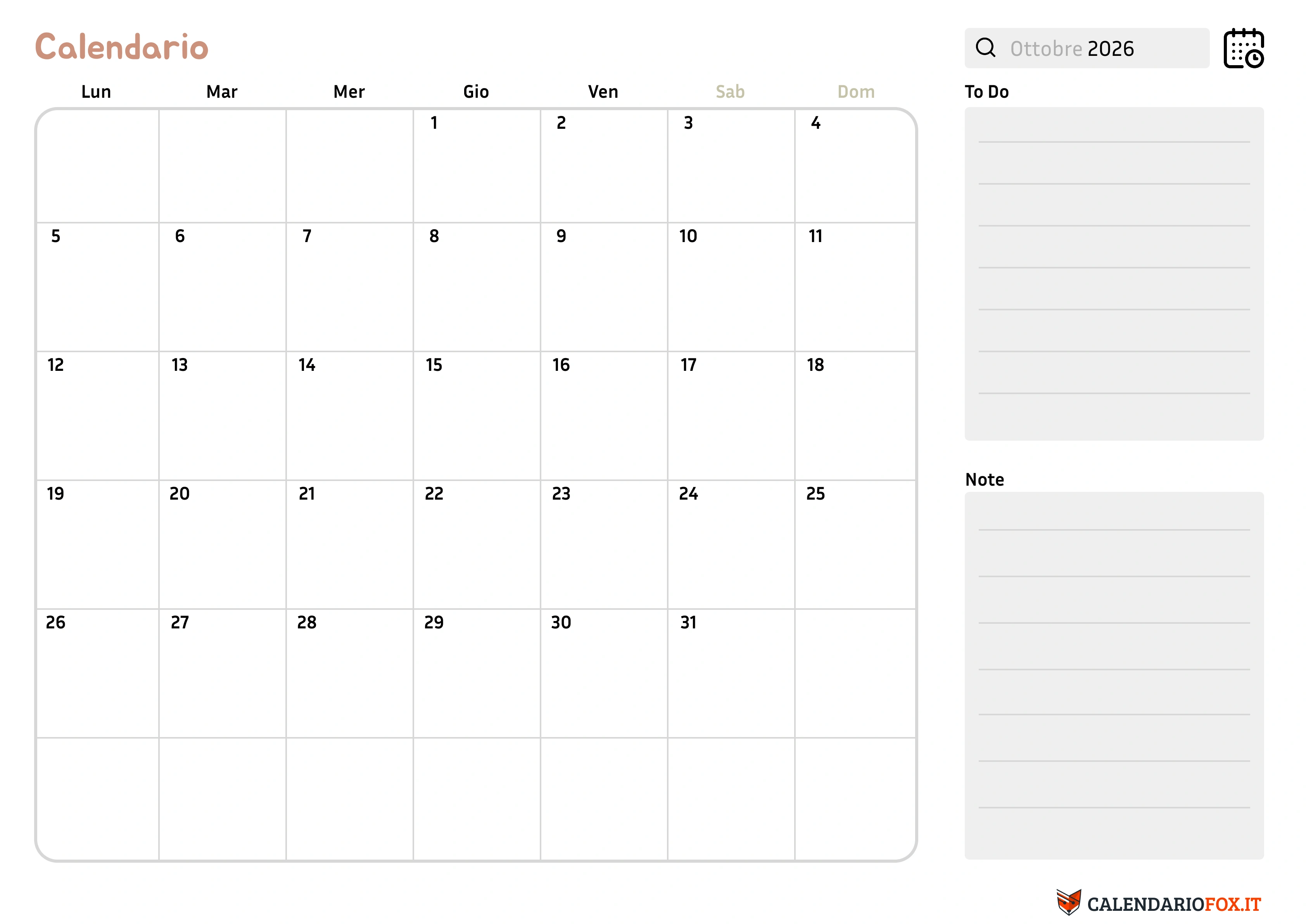 Calendario ottobre con note