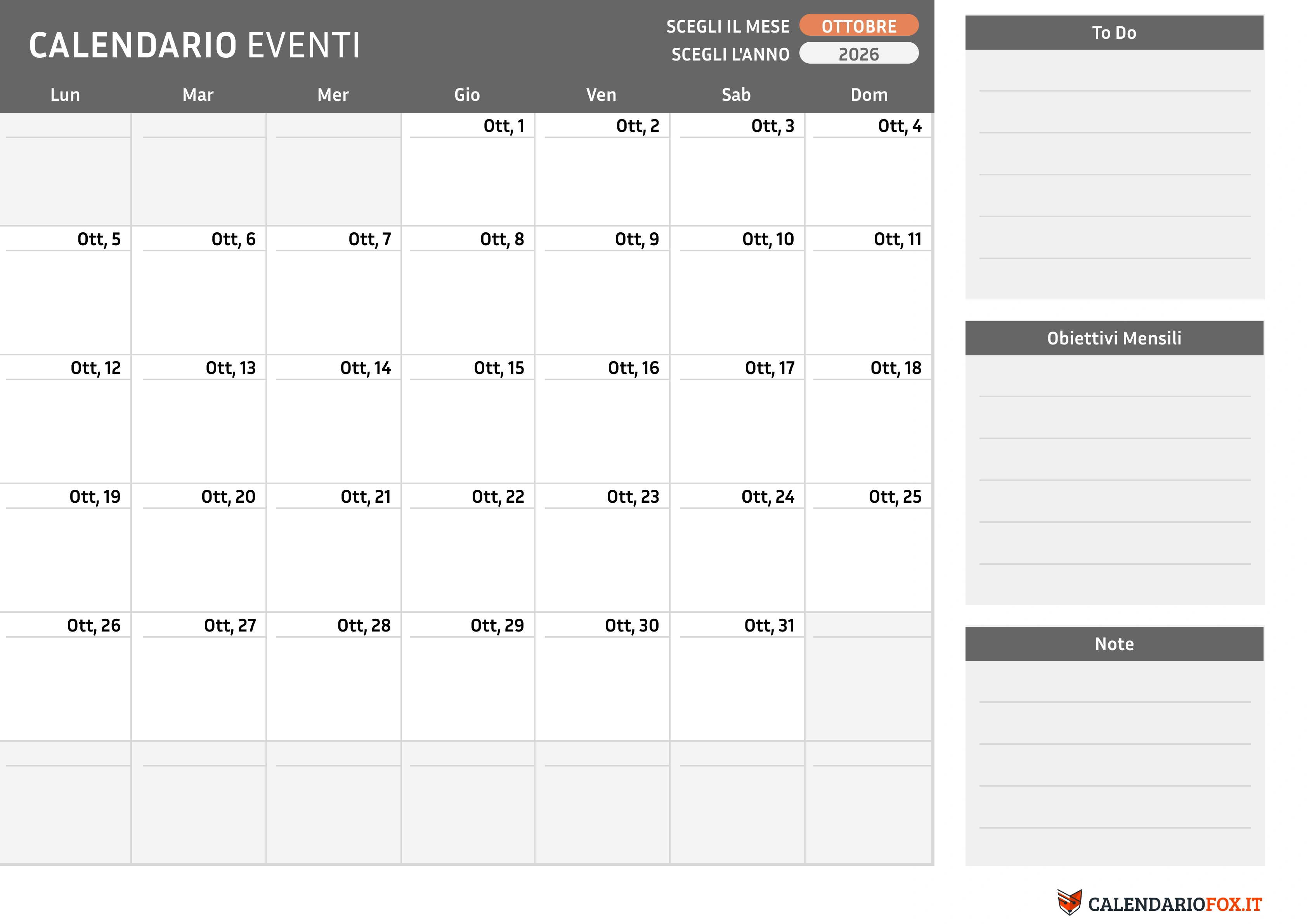 Calendario ottobre con To-Do List