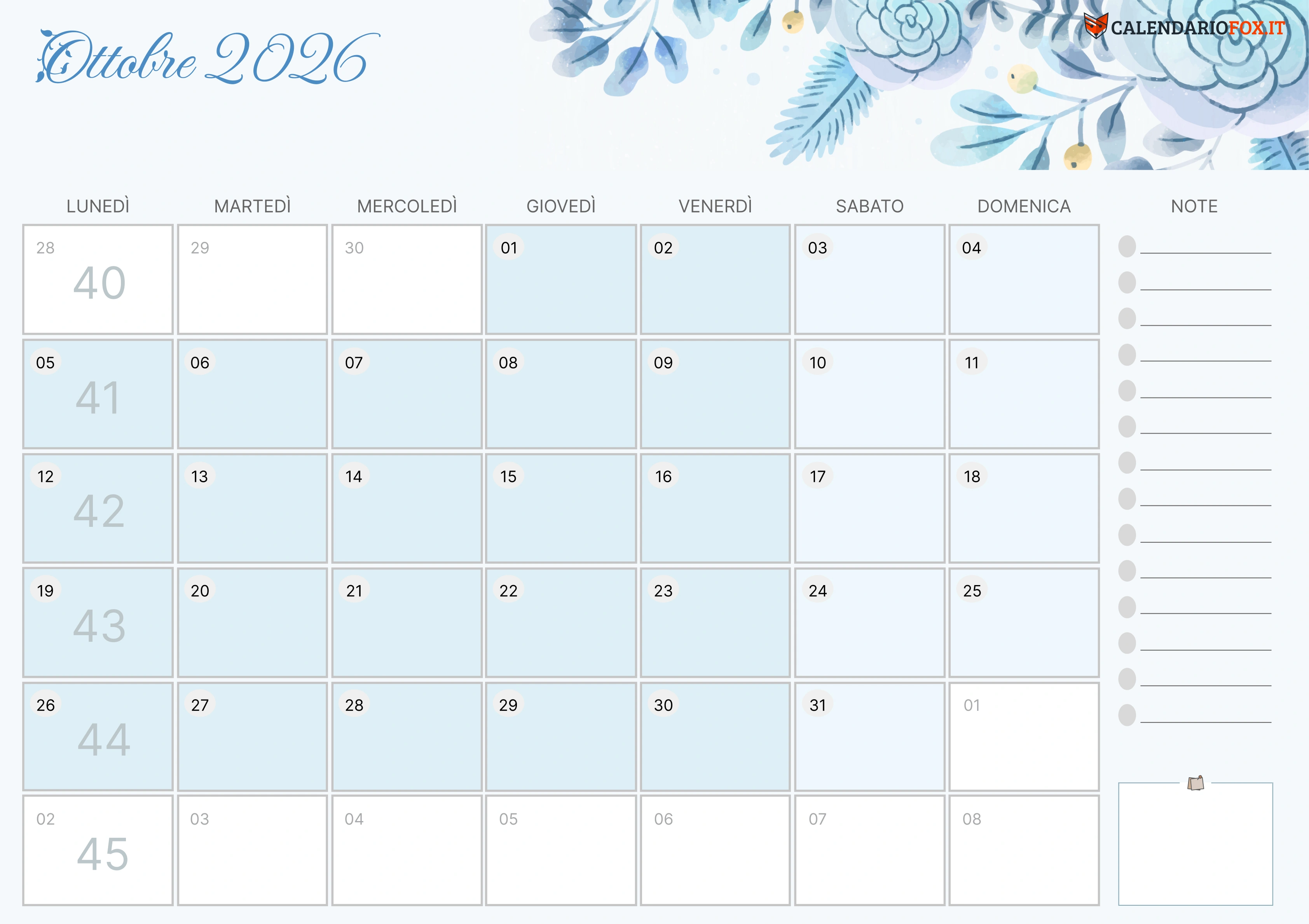 Calendario ottobre estetico