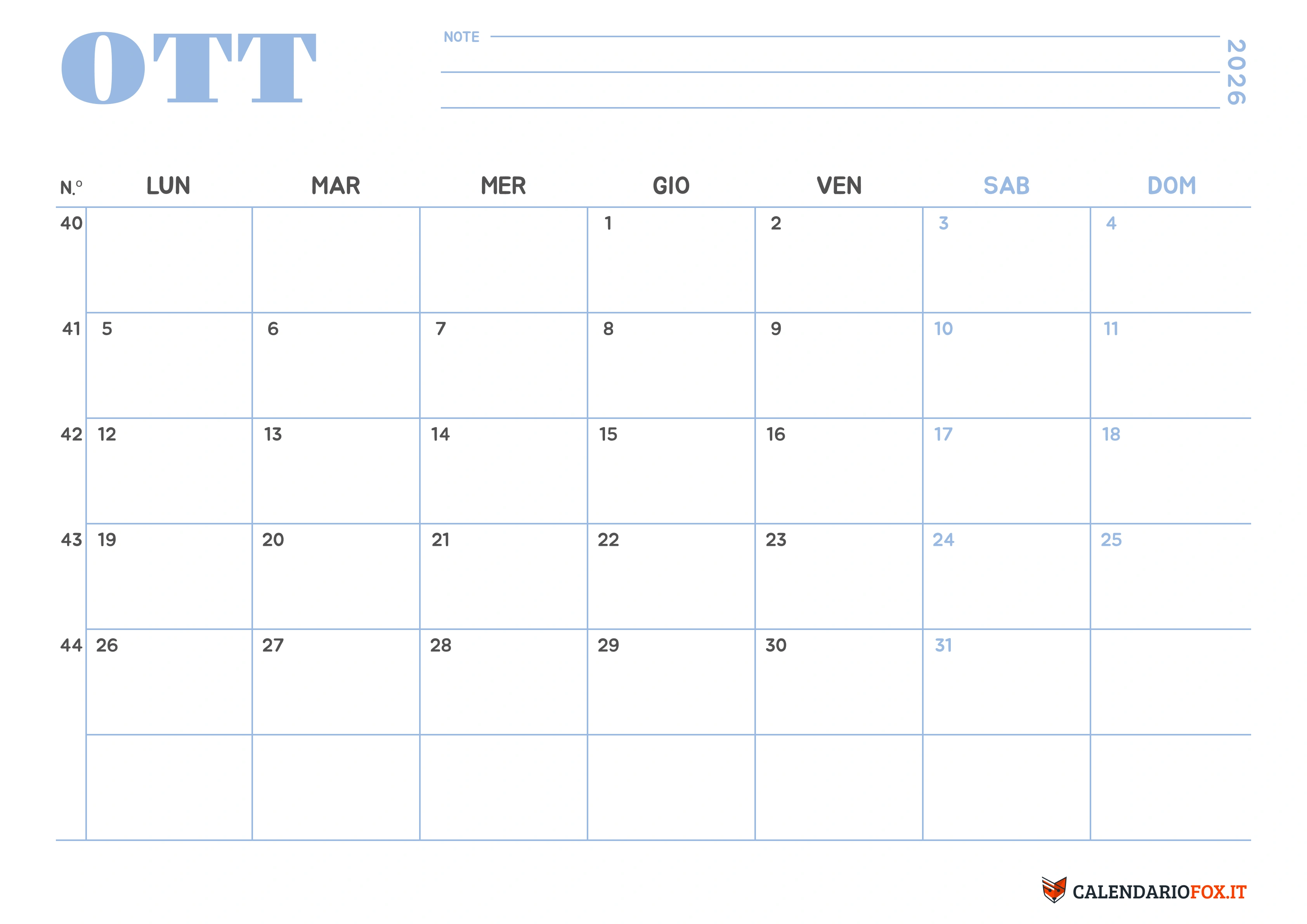 Calendario ottobre minimalista