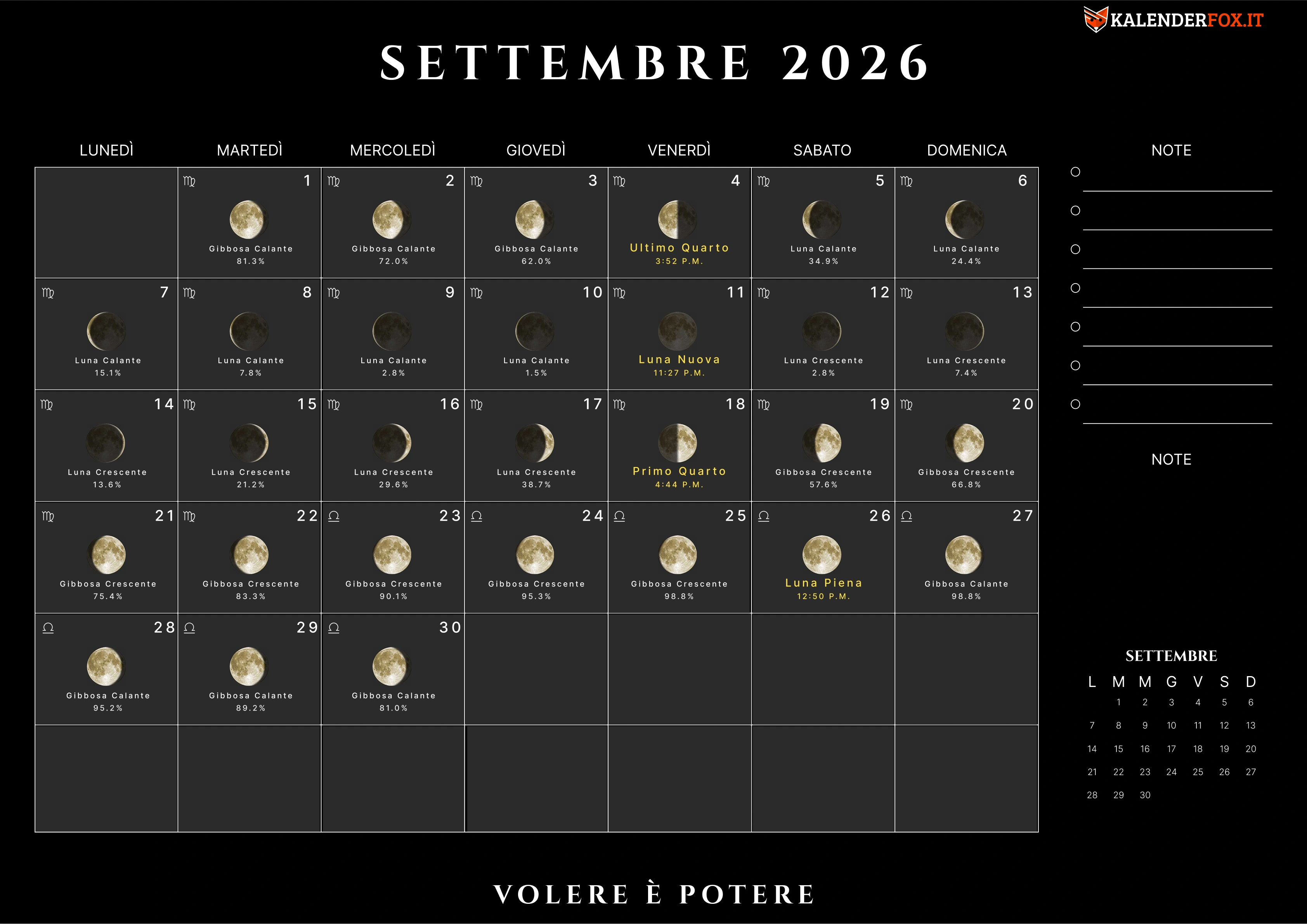 Calendario settembre con fasi lunari