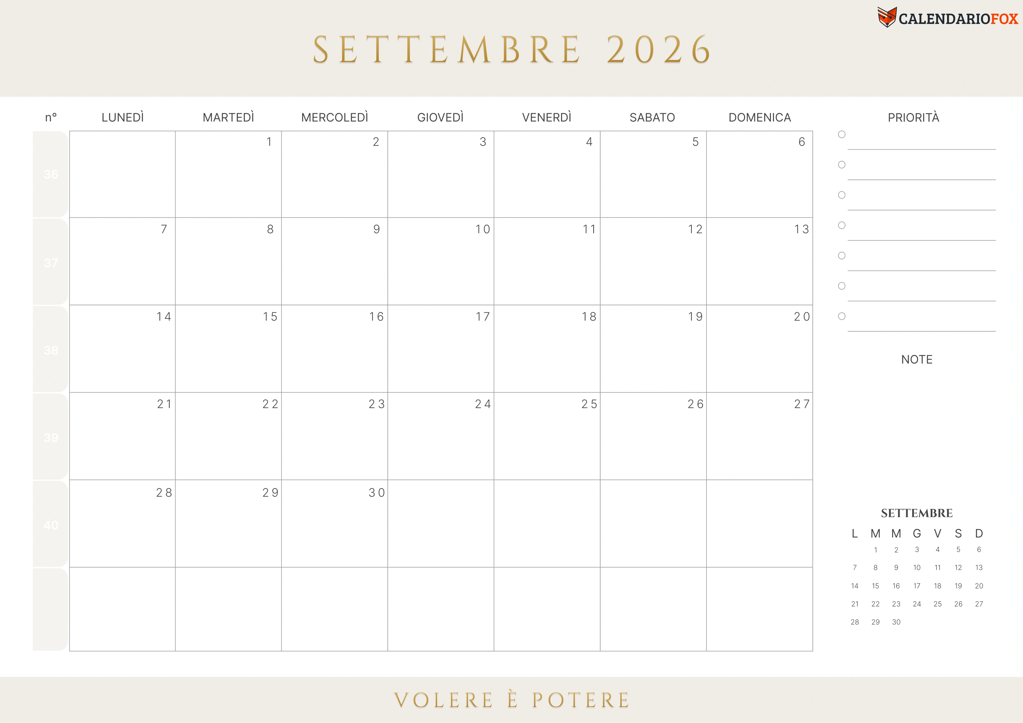 Calendario settembre con numeri delle settimane