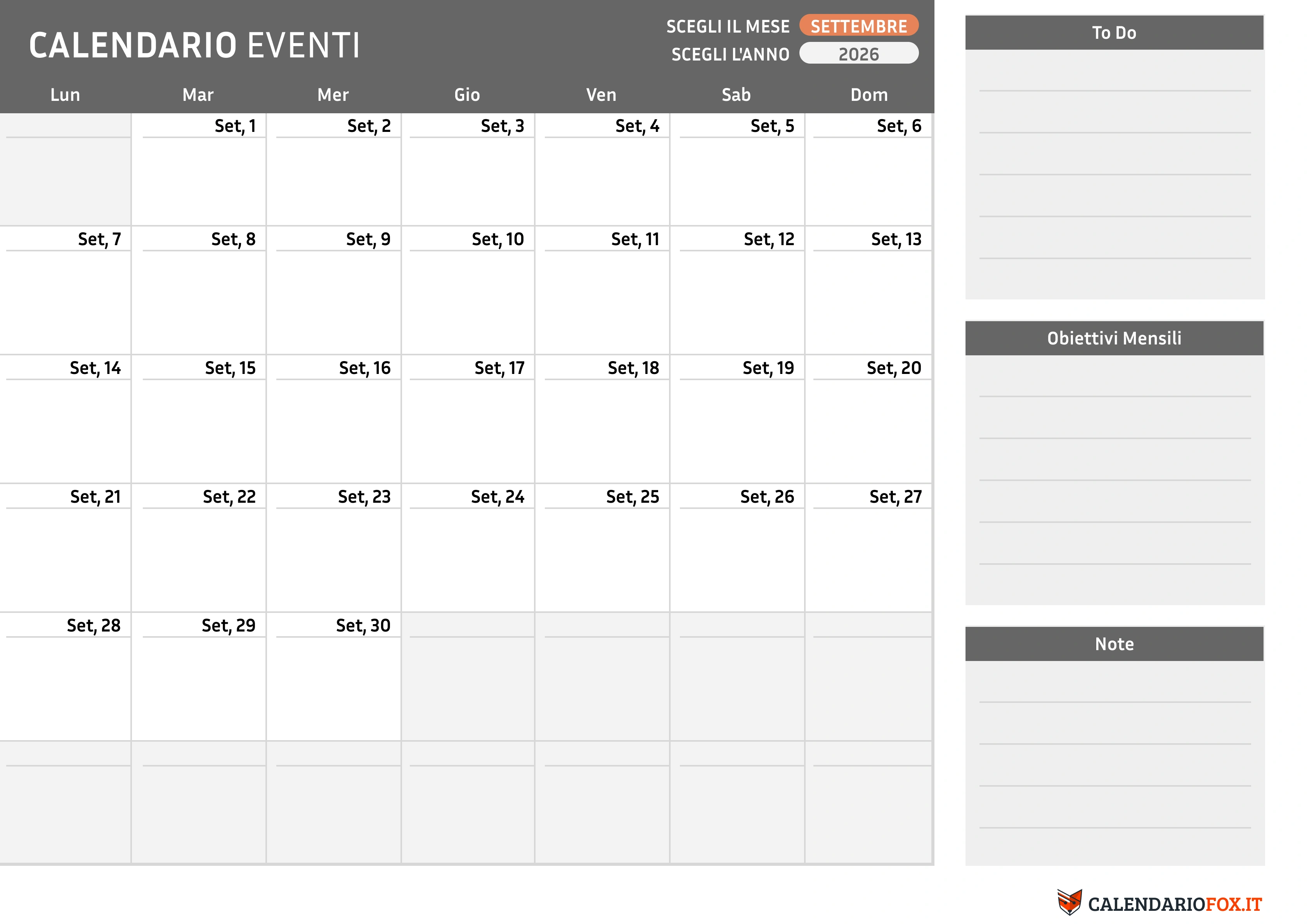 Calendario settembre con To-Do List