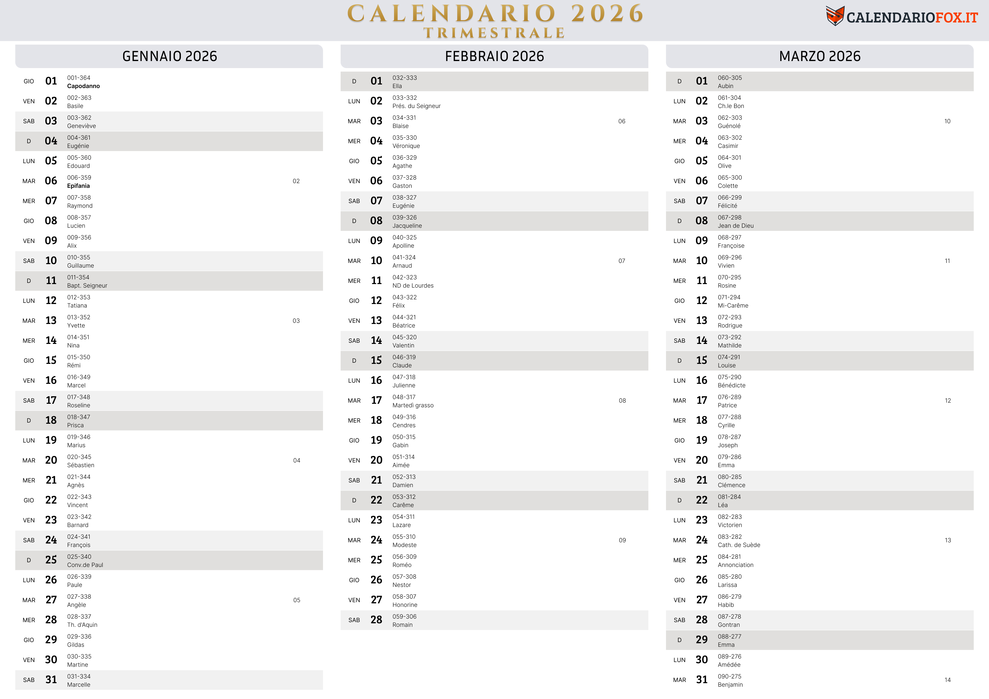 Calendario trimestrale 2026 stampabile