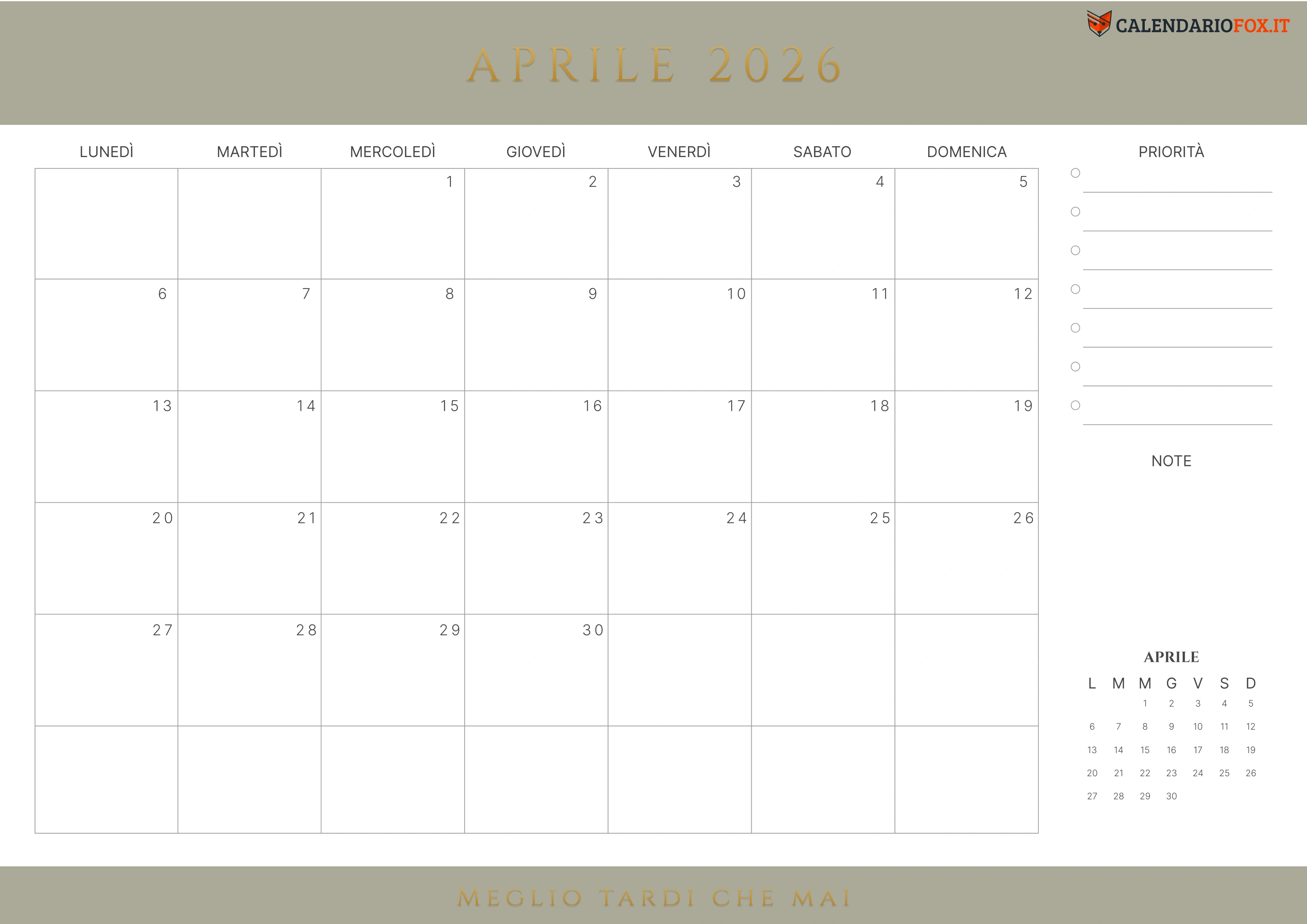 Grigio Giallastro Calendario aprile con citazione