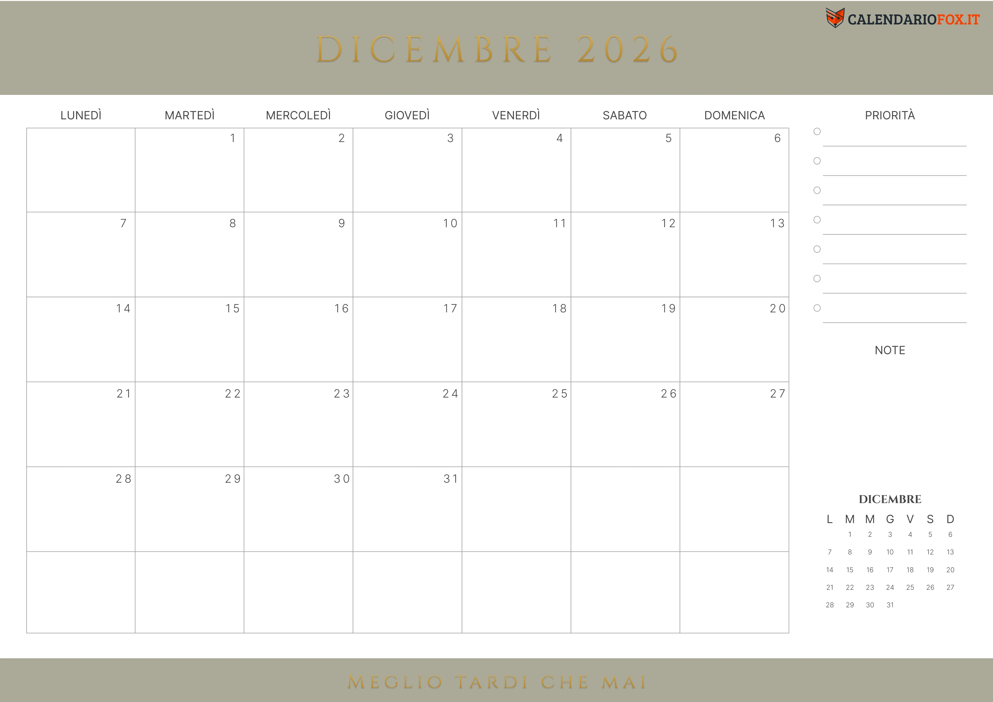 Grigio Giallastro Calendario dicembre con citazione