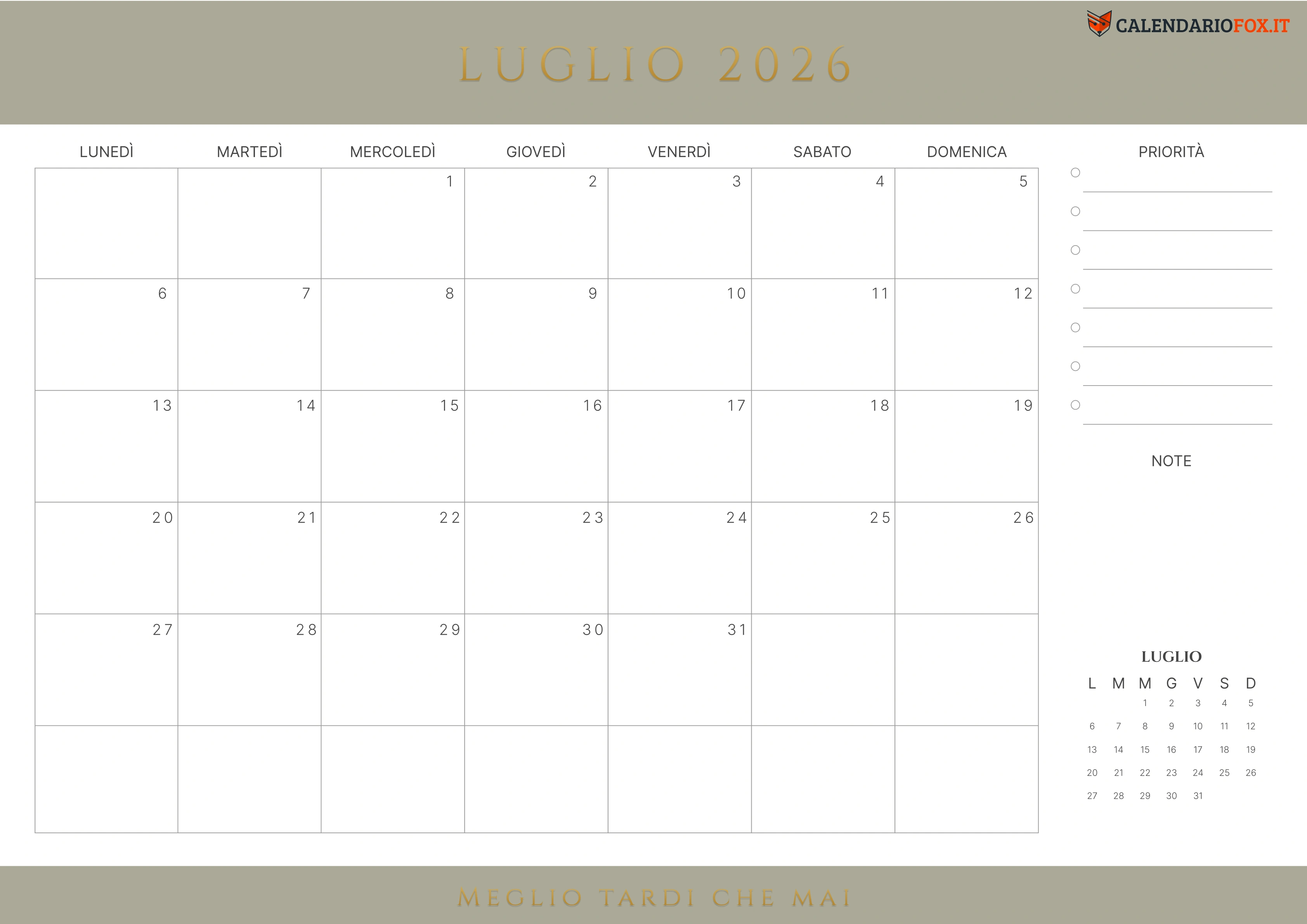 Grigio Giallastro Calendario luglio con citazione