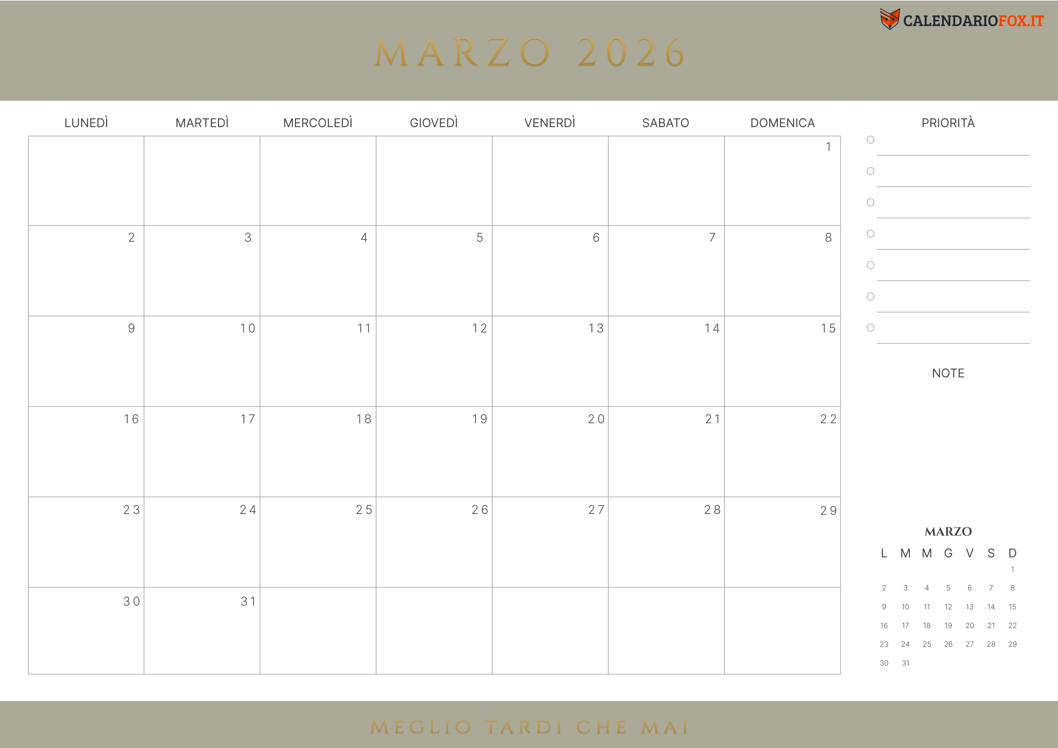 Grigio Giallastro Calendario marzo con citazione