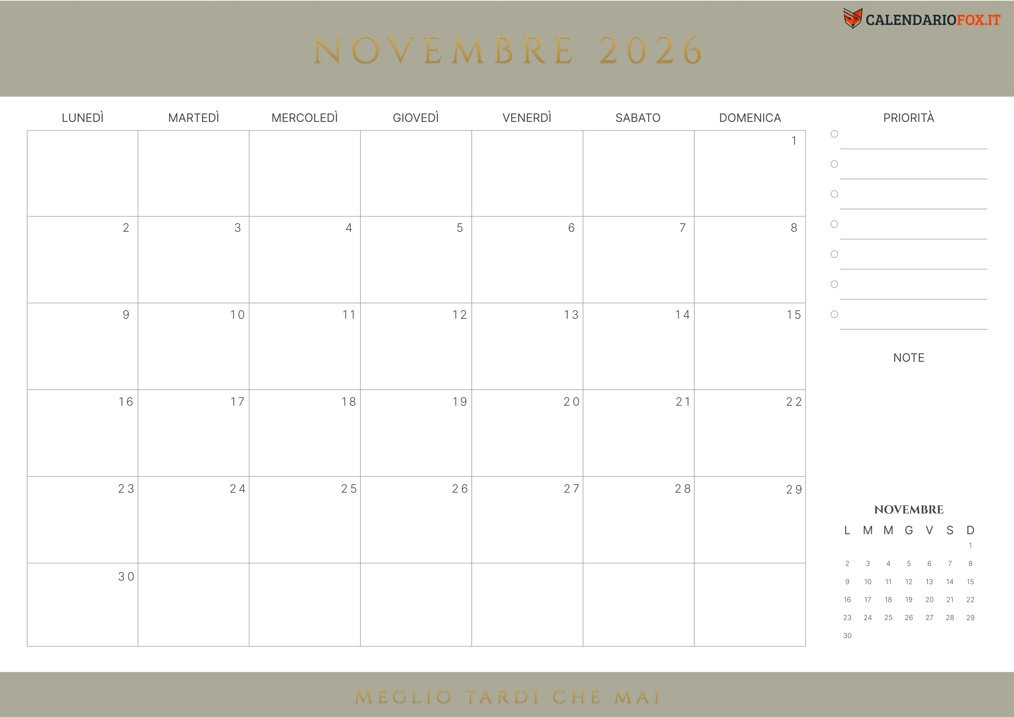 Grigio Giallastro Calendario novembre con citazione
