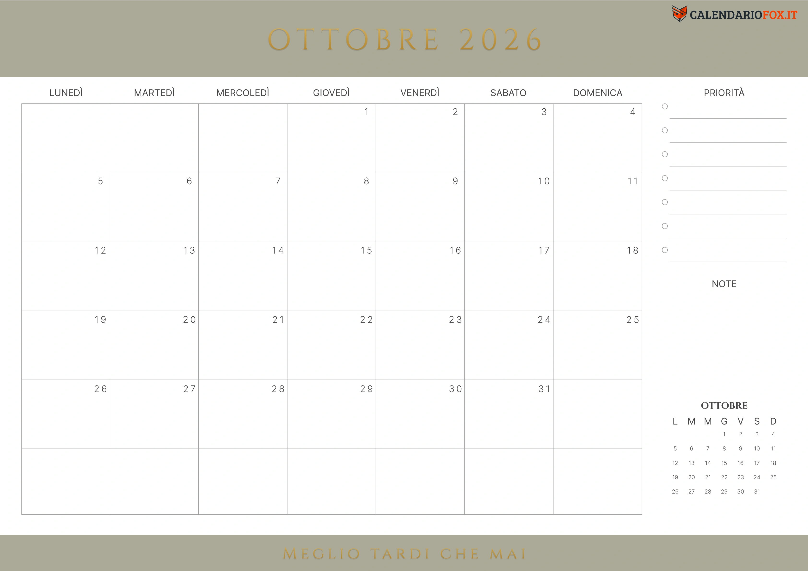 Grigio Giallastro Calendario ottobre con citazione