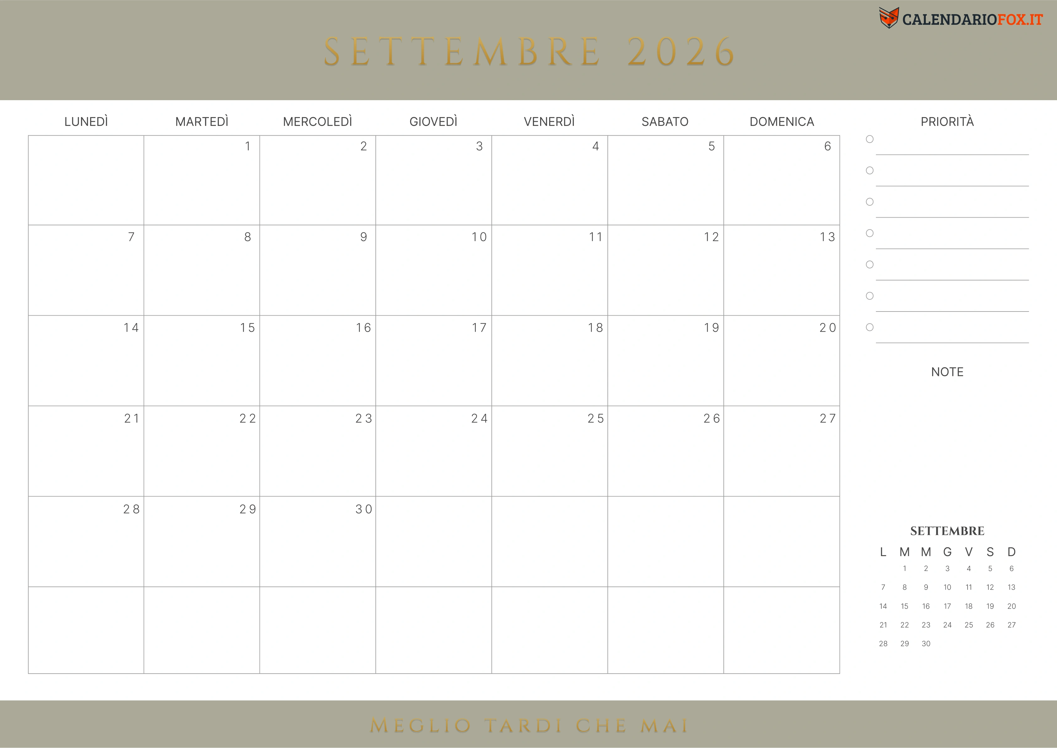 Grigio Giallastro Calendario settembre con citazione